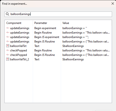 PsychoPy Builder search dialog